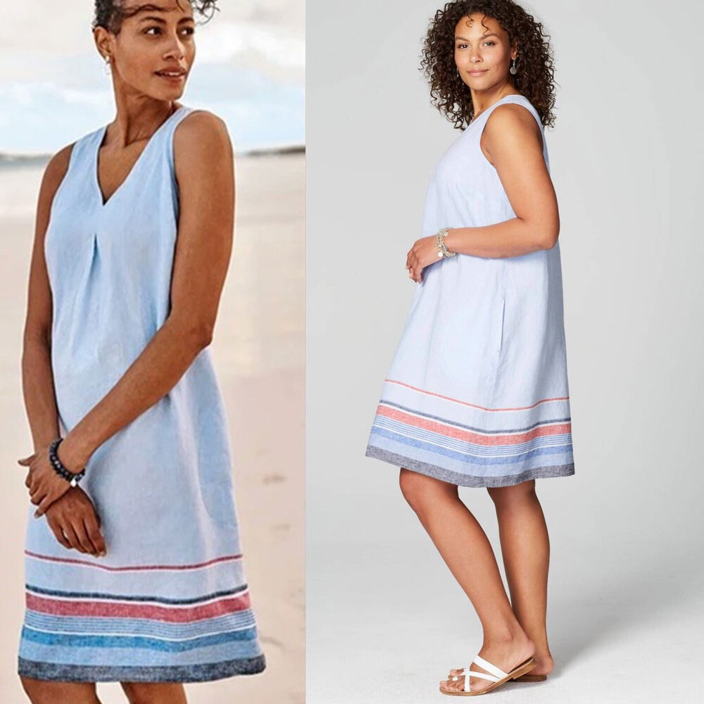 J.Jill 100% Linen A-Line Sleeveless Midi Dress Cornflower Multi Size XL